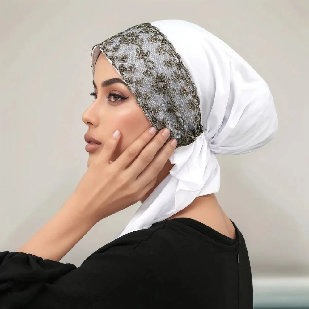 Versatile Elegant Instant Hijab Lace Embroidery Elastic Tie Back Inner Cap Golden Stripes Islamic Turban for Women