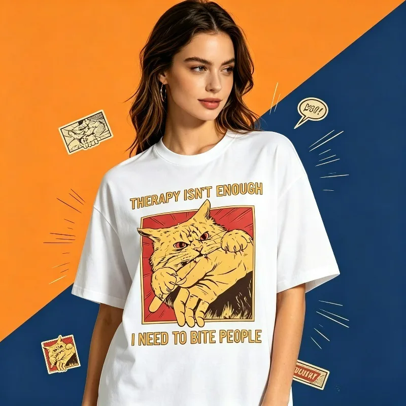 Therapy Isn't Enough I Need to Bite People T‑Shirt, Retro Angry Cat Graphic, Modal Fabric, Funny Meme Tee Casual Streetwear