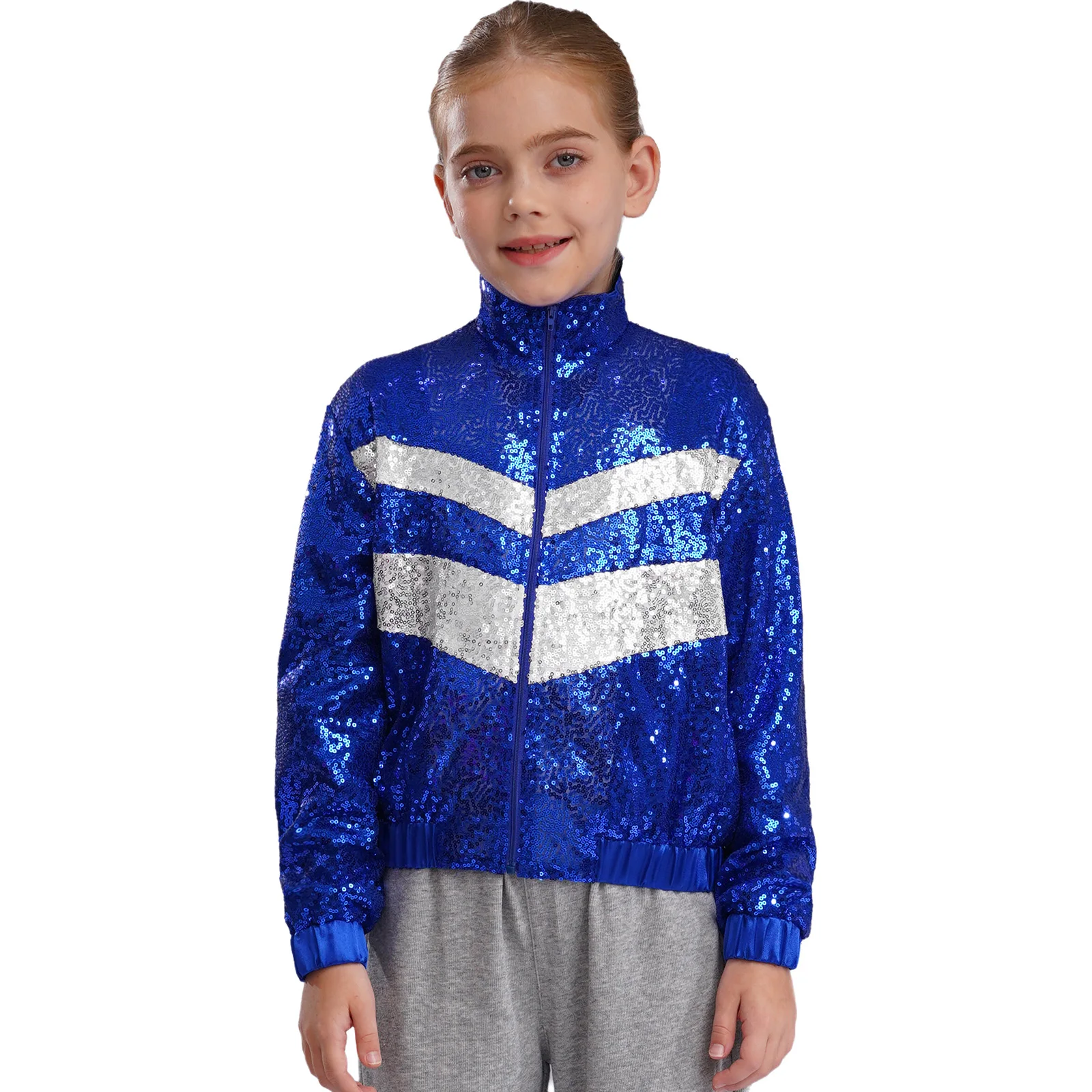 

Kids Girls Bomber Jacket Coat Spring Fall Jazz Dance Performance Costume Fashion Sequins Zipper Color Block Outerwear Wholesale