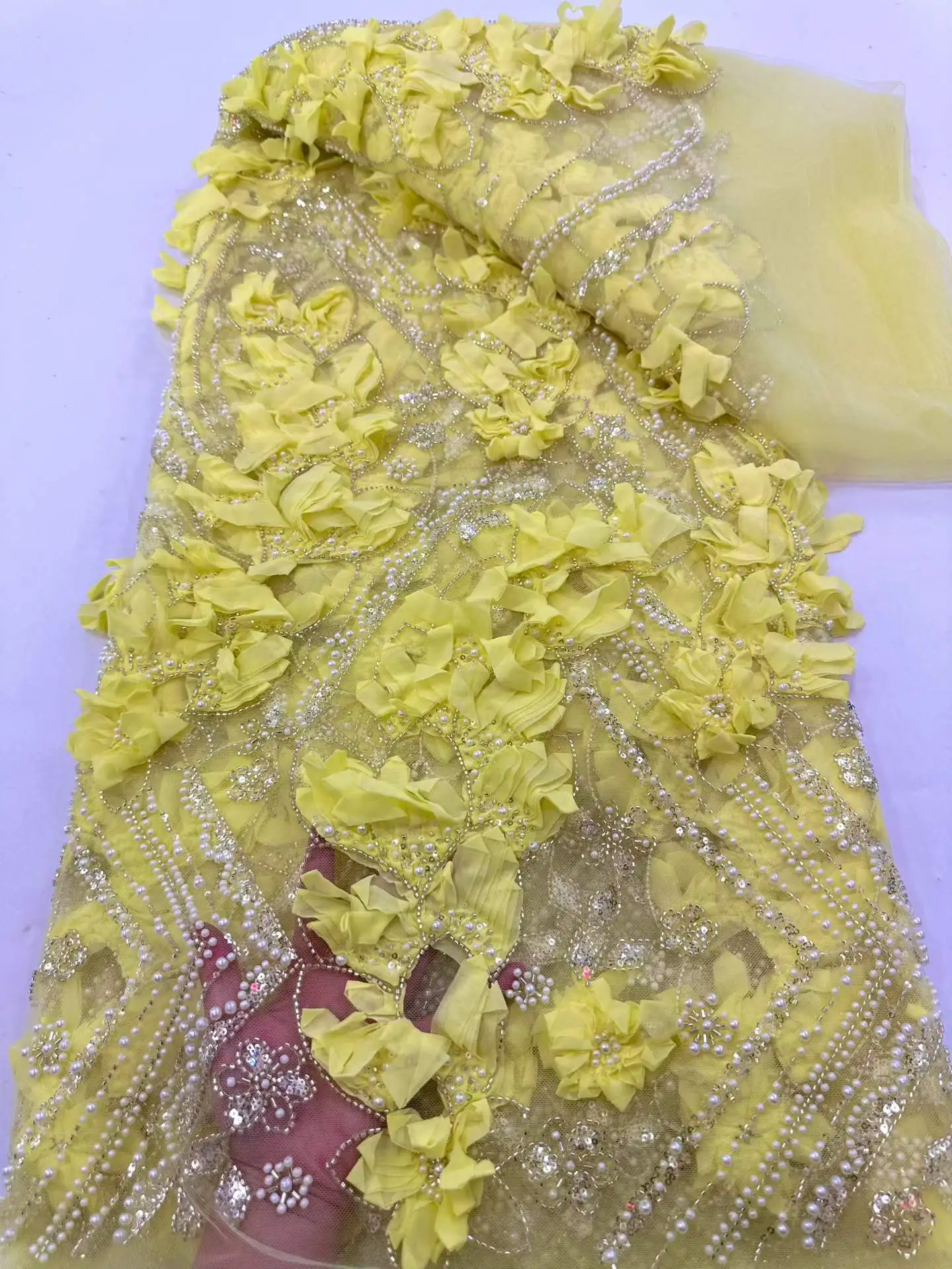 

African Lace Fabric 2026 French Luxury 3D Flower Yellow Sequins Embroidery Beads Tulle 5 Yards High Quality for Party Dress