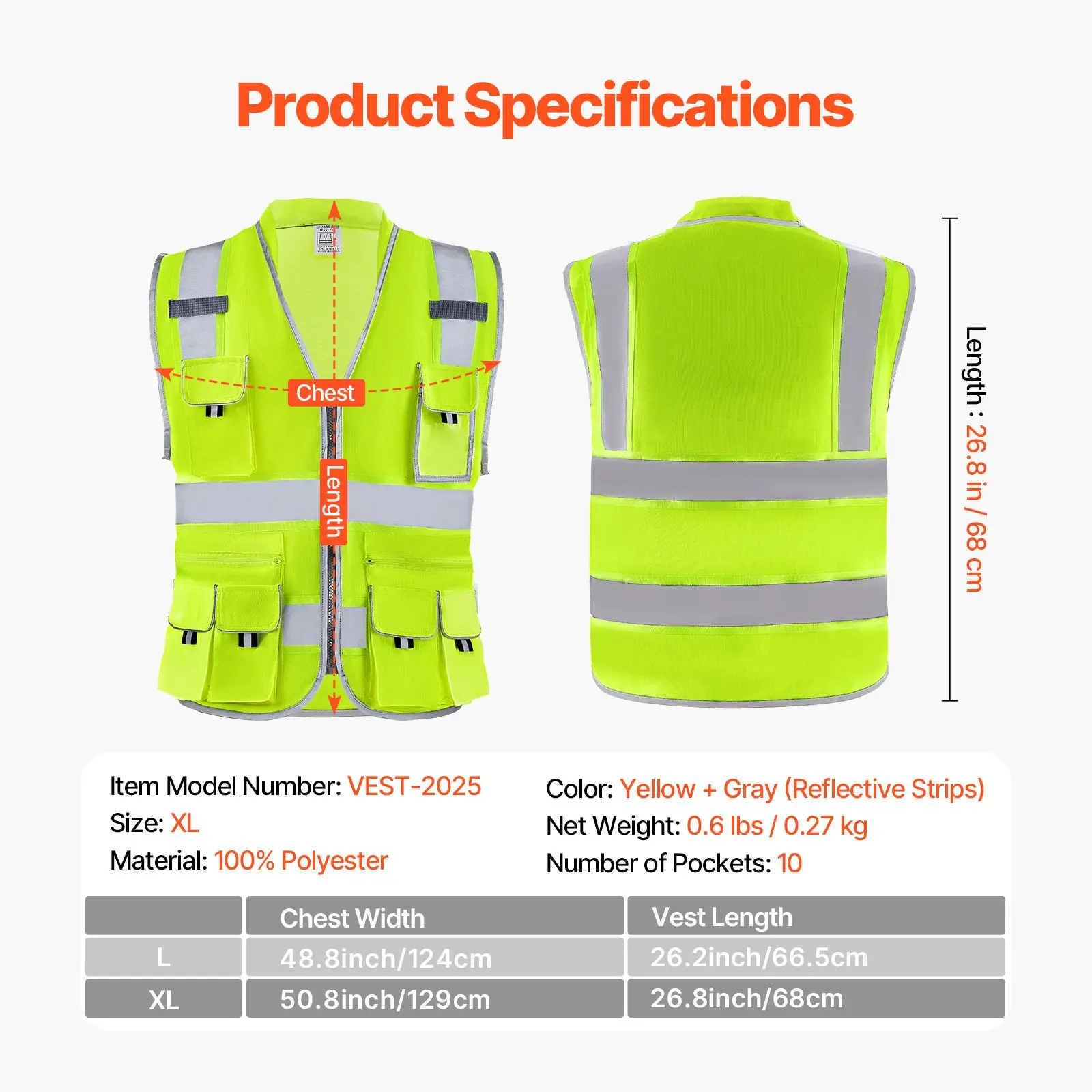 Safety Vest, 10 Pockets Yellow Safety Vest, Hi Vis Zipper Front Safety Vest with Reflective Strips, High Visibility Work Construction Vest with Pockets and Walkie-Talkie Clip, for Men & Woman