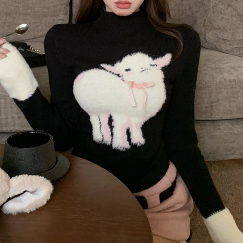 Half High Necked Sweater for Women Lamb Embroidered Sweater Autumn Fashion Slim Pullover Streetwear