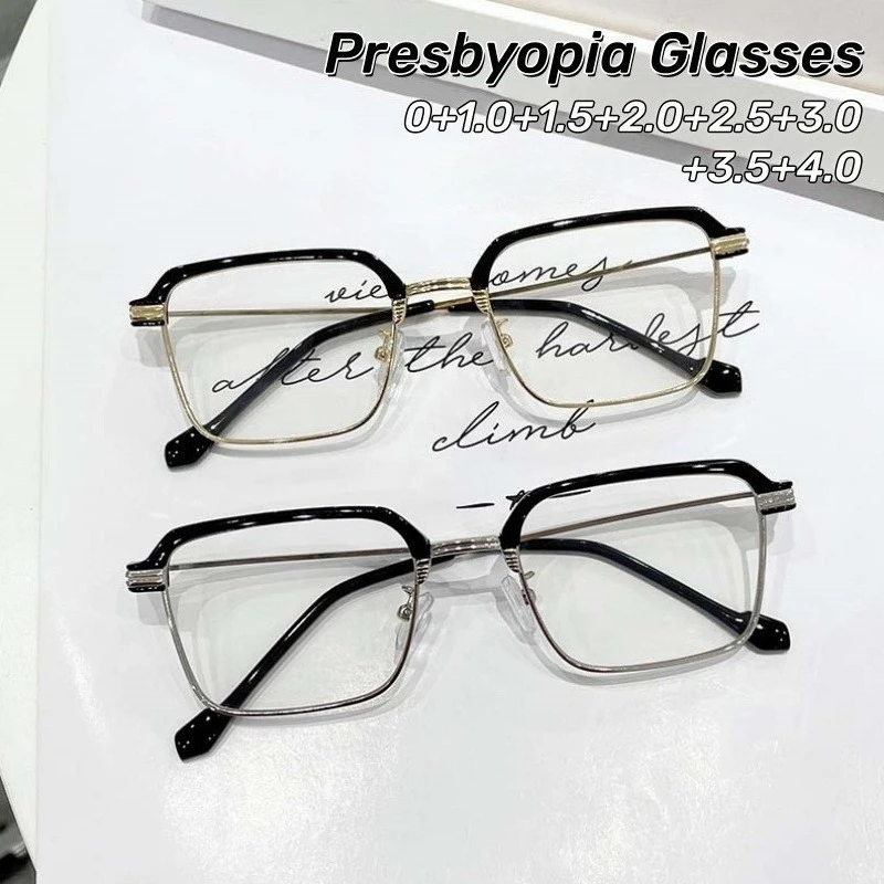 

Retro Gold Edged Anti Blue Reading Glasses Vintage Square Frame Hyperopia Eyewear Business Style Half Frame Transparent Eyewear