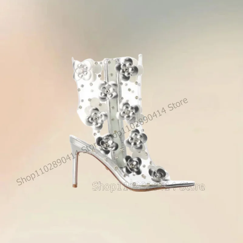 

Silver Flower Design PVC Cut Heel Sandals Boots Side Zipper Women Shoes Thin High Heels Open Toe Party 2025 Zapatos Para Mujere