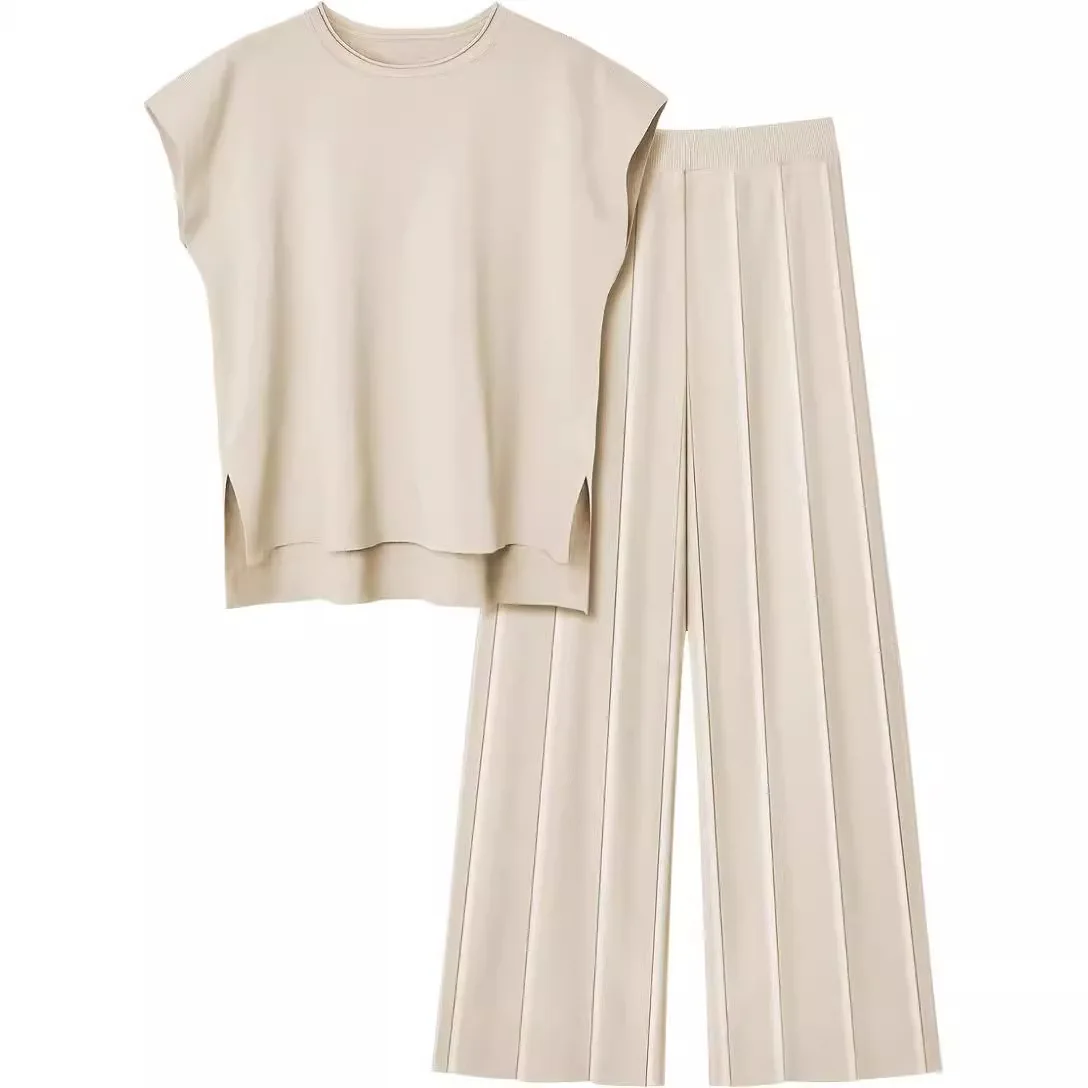 Two Piece Sets Women Pant Set Round Neck Sleeveless Vest Knit High Waist Solid Wide Leg Long Pants Loose Elegant Splice