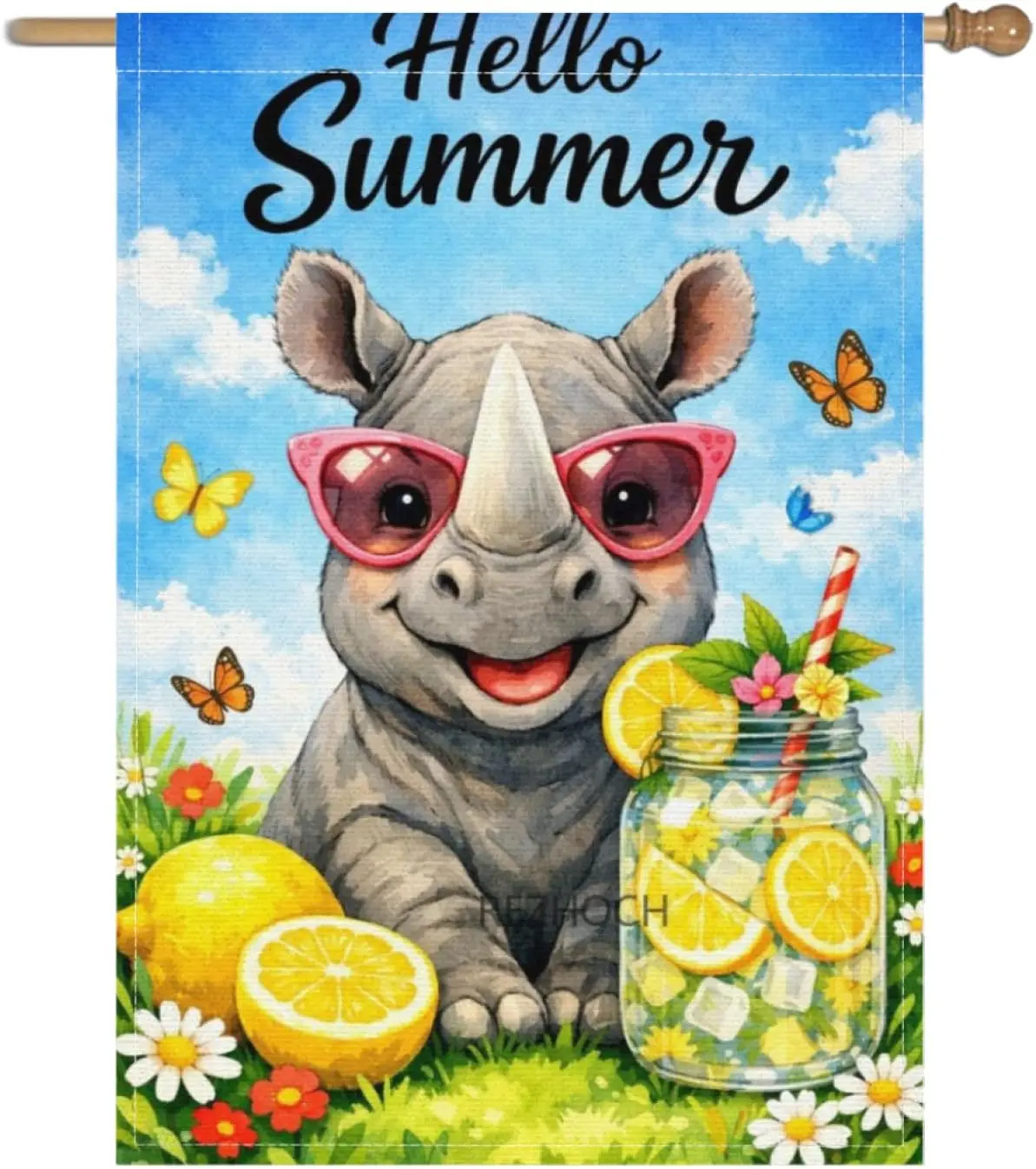 Hello Summer Garden Flag 28x40 Inch,Fun Rhinoceros with Sunglasses,Lemonade Mason Jar Floral Yard Decor Flags,Cute Watercolo AAS