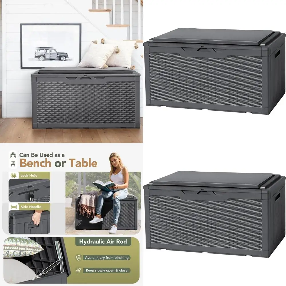 

Всепогодный садовый ящик-скамья из полимерной смолы объемом 98 галлонов с подушкой, запираемый, для хранения уличной мебели, инструментов и аксессуаров для бассейна