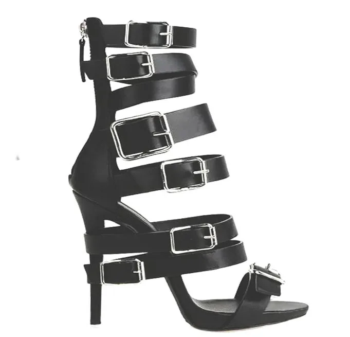 

Women Buckle Straps Cut out Sandals Gladiator Belt Fasten Heels Open toe Thin Heels Back Zipper High Heels Sandal Booties