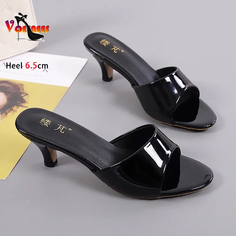 6.5CM Thin Heel Slippers For Woman Slides PU Leather White Summer Shoes Elegant Style Women Sandals Big Size Outdoors High Heels