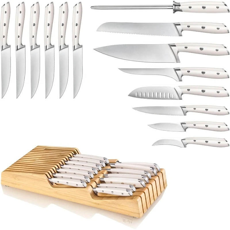 ALPS Series 502827 German Steel Forged 15-Piece In-Drawer Knife Set with Bamboo Tray, (White)