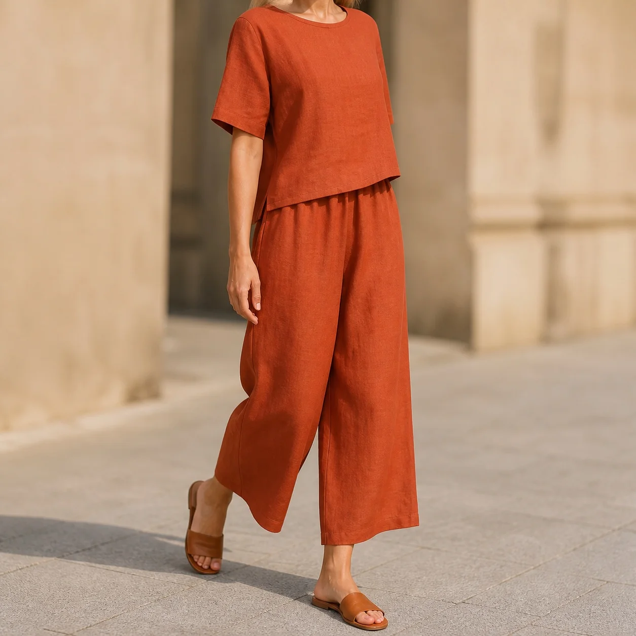 Women's Matching Sets Blouse with Long Pants Solid Color Cotton Linen Princess Regular Sleeve Women's 2-Piece Sets Summer