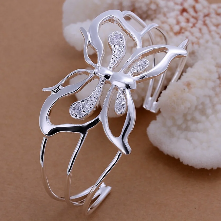 fashion 925 Sterling Silver jewelry charm zircon crystal butterfly circular open Bangle bracelet women lady B109