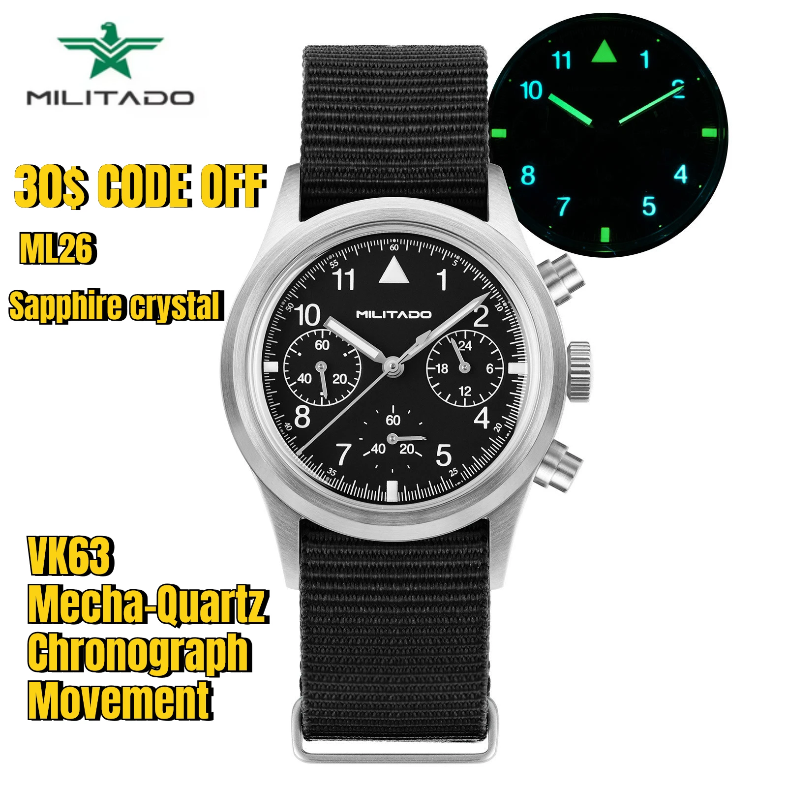 Militado ML26 36,5mm Retro Chronograph Uhr VK63 Quarzwerk Saphirglas 100M Wasserdicht Herrenuhr