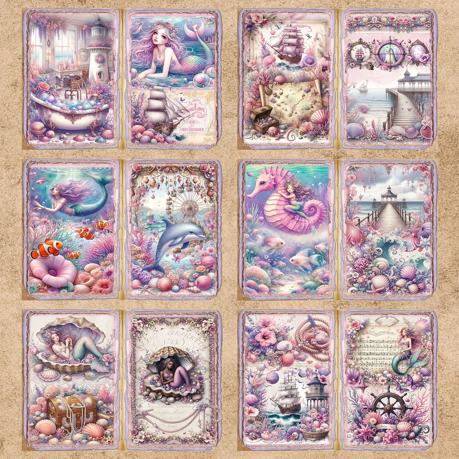 15 Sheets A5 Size Fairytale Undersea World Creatures Cute Mermaid Purple Background Vintage Grunge Journal Planning Scrapbooking