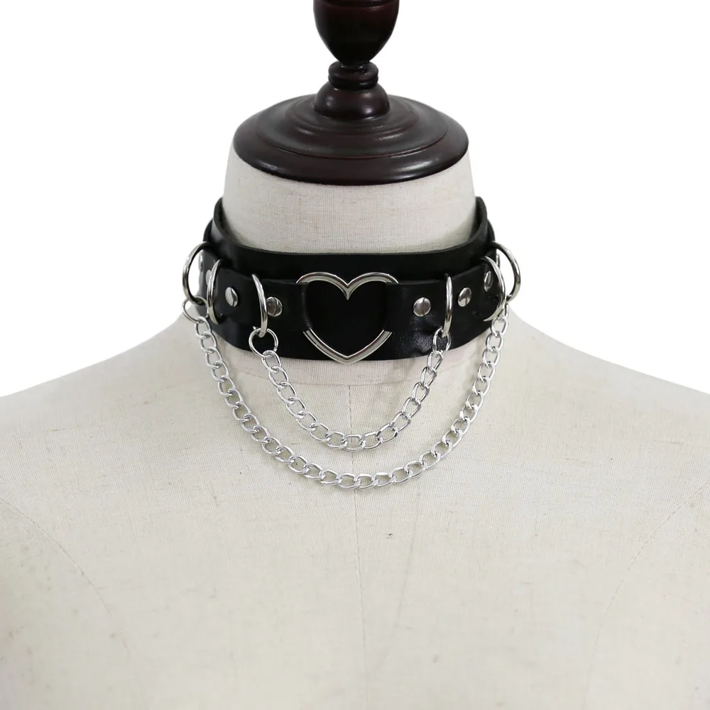 Punk Harajuku Personality Rock and roll Double layer Heart shape Chain Multicolored Leather Alloy Necklace Clavicle chain Simple
