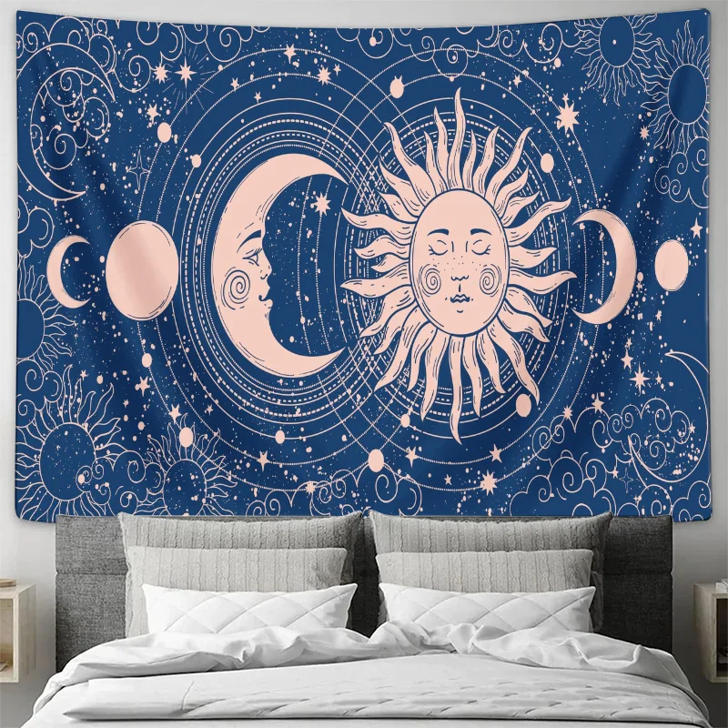 Celestial Galaxy Constellation Moon Sun Boho Nursery Wall Tapestry Dark Blue Astrology Room Decor