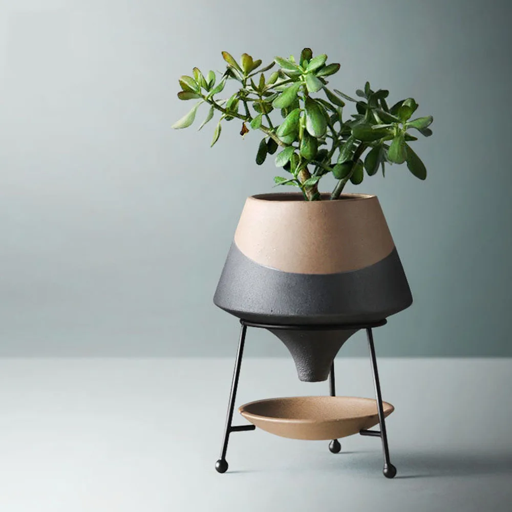 Abstract Irregular Ceramic Vase – Retro European Style Flower Pot with Metal Stand for Succulent Decor