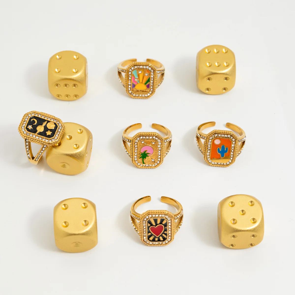 YHTOT Vintage Oil Drop Square Geometric Ring 18K Gold Color Plated Stainless Steel Tarot Card Stackable Ring Women's Jewelry Gif view 5