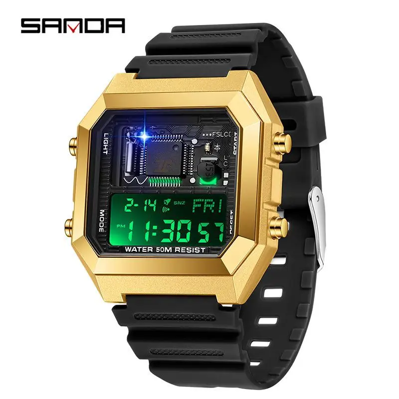 SANDAD 6216 Men\'s Electronic Watch Square Multifunctional Chronograph Date Silicone Strap Digital Display Wrist Watches for Male