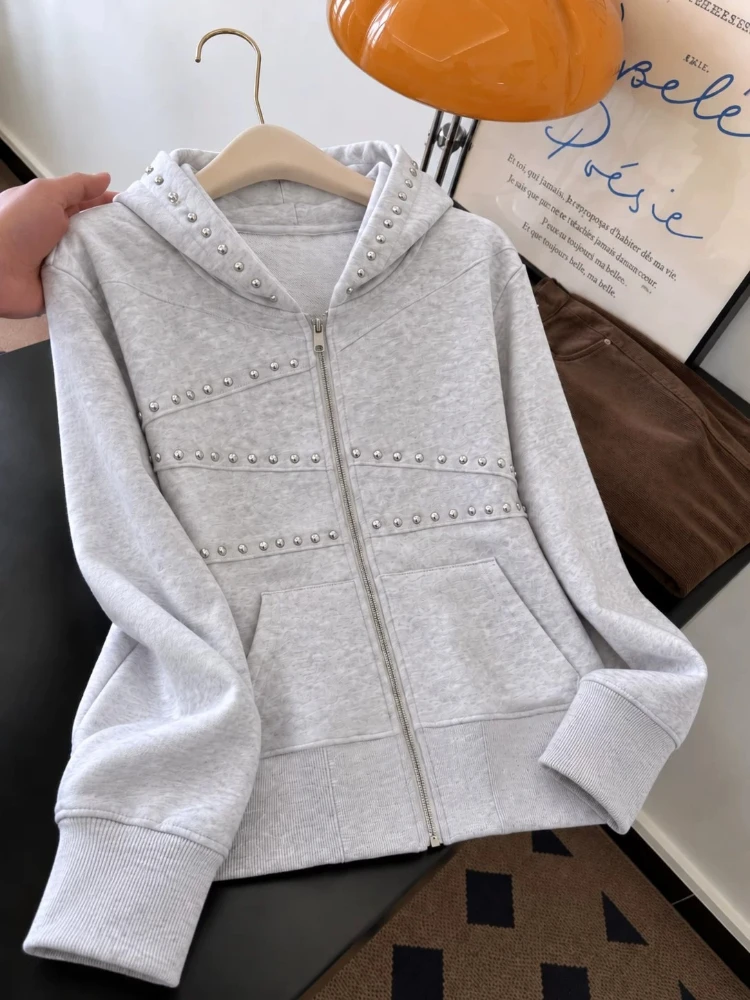 Hoodie Women Urban Casual Multi Rivet Decor Hooded 3D Panel Cut Dual Pocket Cropped Trendy Slimming Daily Outerwear Jacket