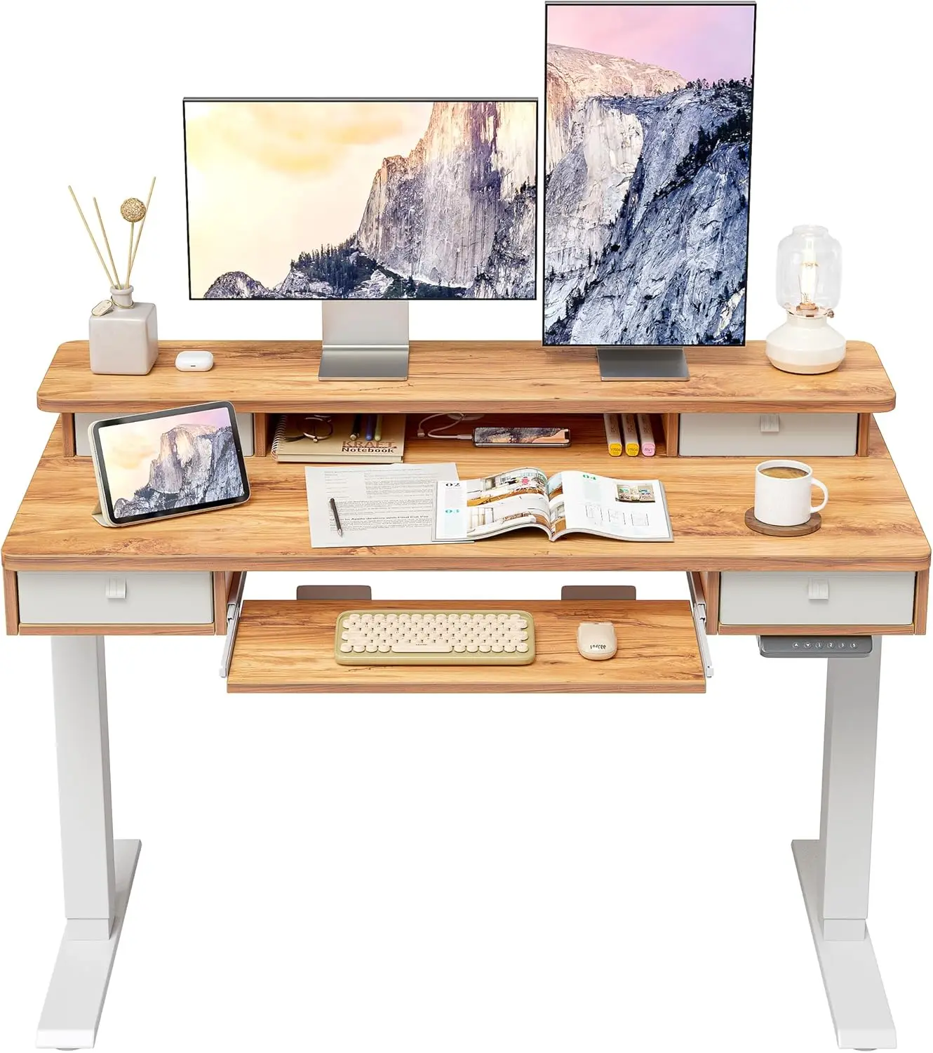 Fezibo Height Adjustable Electric Standing Desk With 4 Drawers And Keyboard Tray, 48 X 24 Inch Table With Storage Shelf, Sit