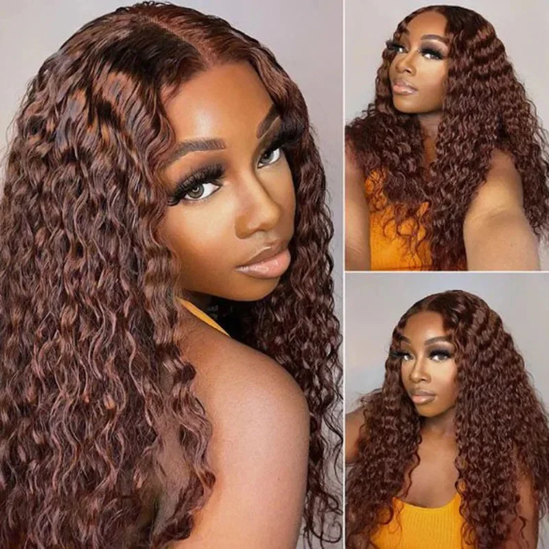 Brown Lace Front Wig Water Wave 100% Human Hair Wig For Women Curly Pre-plucked Transparent Lace Closure Wig BOBBI image 4