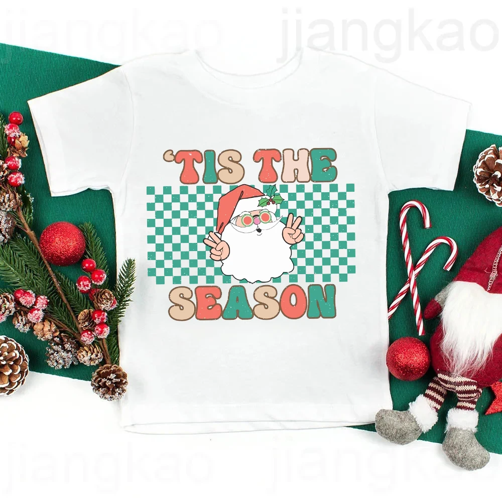 'Tis The Season Santa Print Child Shirts Boys Girls Short Sleeve T-shirt Tops Kids Graphic Tee Xmas Holiday Toddler T Shirt Gift