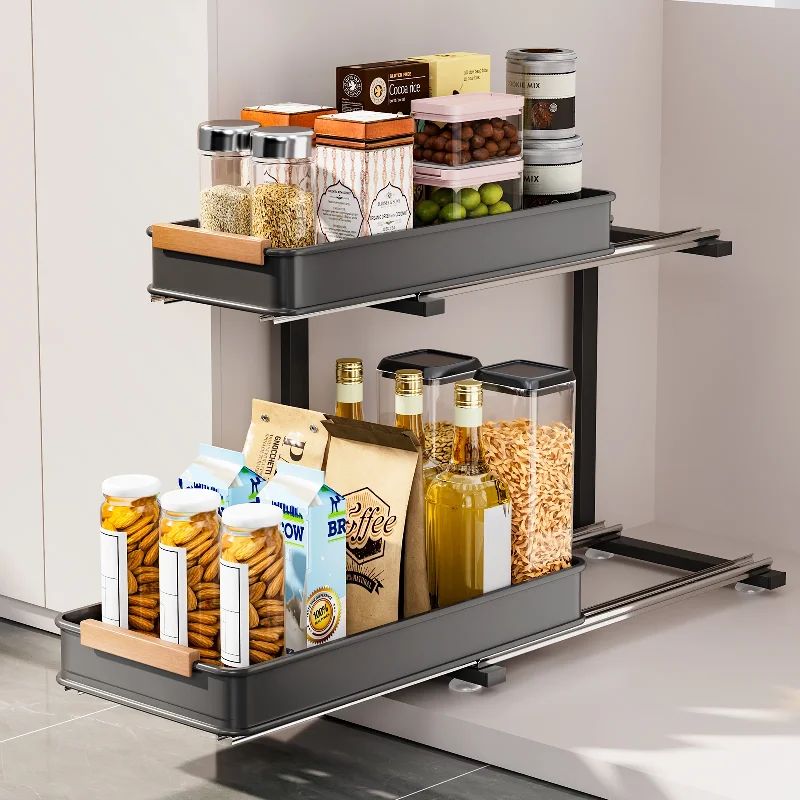 

2 Layer Kitchen Pull-out Rack, Punch-free Deep Cabinet Under-sink Storage Basket, Cabinet Spice Storage Rack Kitchen Organizer