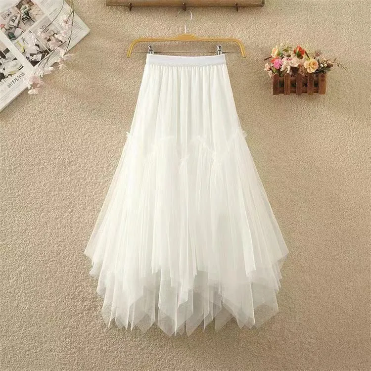 Eleganter Tüll-Midirock, Feenartiger Netzrock, unregelmäßiger, flauschiger Rock, Party-Herbst-Ballkleid, süßer, gestufter Rock mit elastischem Bund, A-Linie – Detail 9