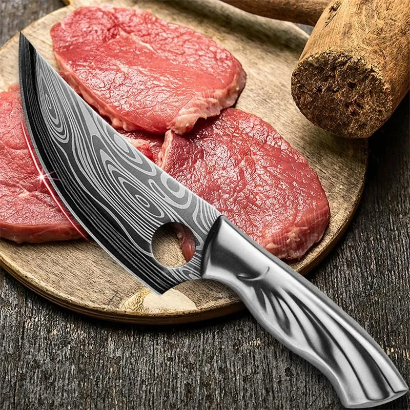 Stainless Steel Boning Knife Butcher Pig Slaughter Knife Damascus Pattern Chef Meat Cleaver Forged Sharp Kitchen Slicing Knife