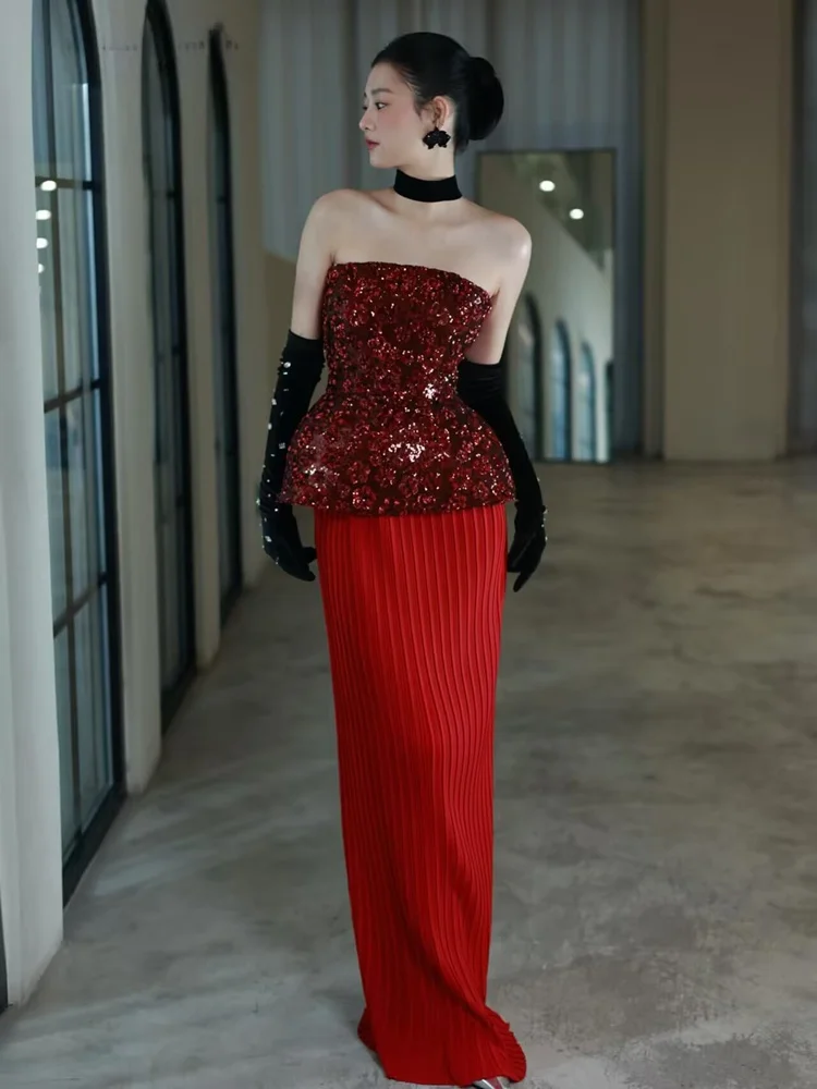 

Stunning Red Bridal Robe Women's Engagement Dinner Dress Sexy Strapless Chinese Traditional Costume Elegant Sensation