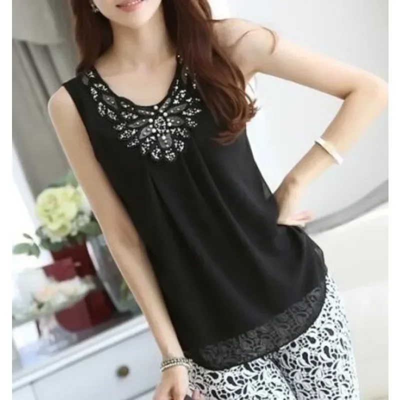 Women Blouse shirts Ladies Casual Sleeveless Sparkling diamond chiffon lace blouses Plus Size S-5XL