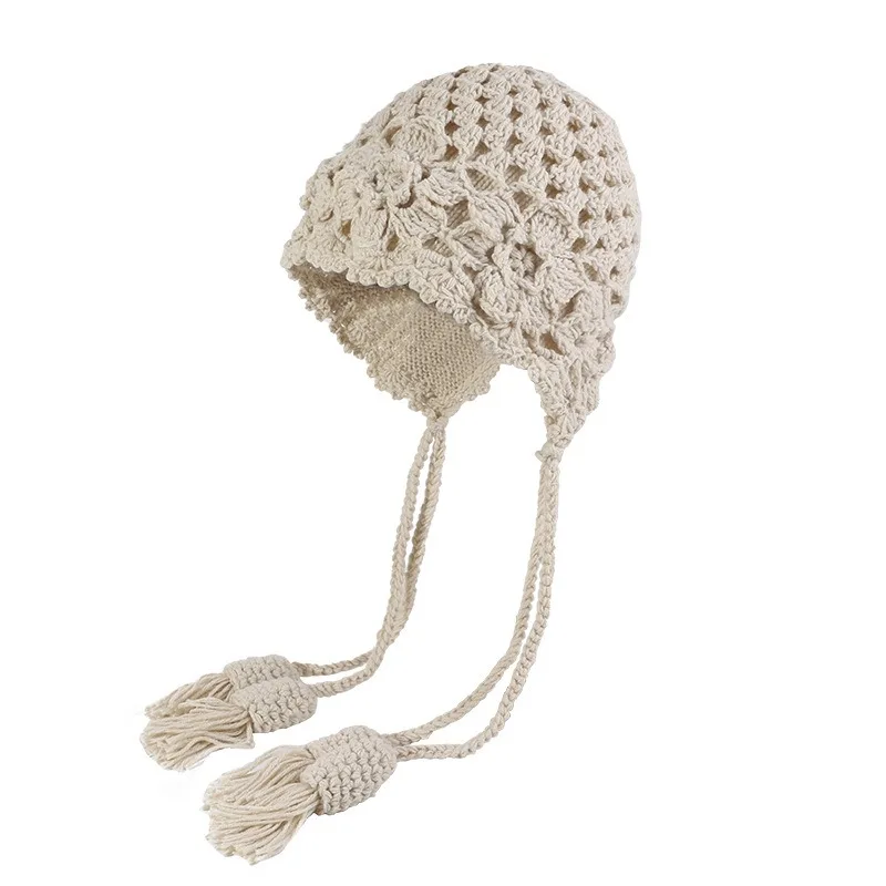 

Autumn and winter crochet double-layer bag hat, women's fringed wheat ear knitted wool hat, warm face small ear protection hat