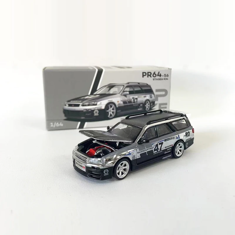 POPRACE 1:64 Model Car Stagea Alloy Die-Cast Vehicle Collection- Chrome Silver