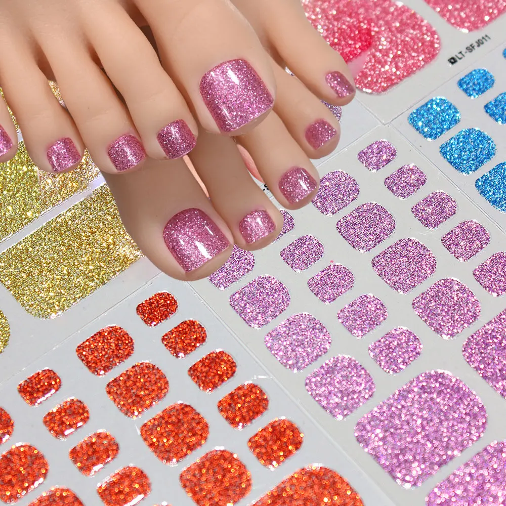 1sheet Glitter Toe Nail Wraps Solid Color Self-Adhesive Toe Nail Decals Strips 22tips Full Nail Polish Strips Summer Toe Decora