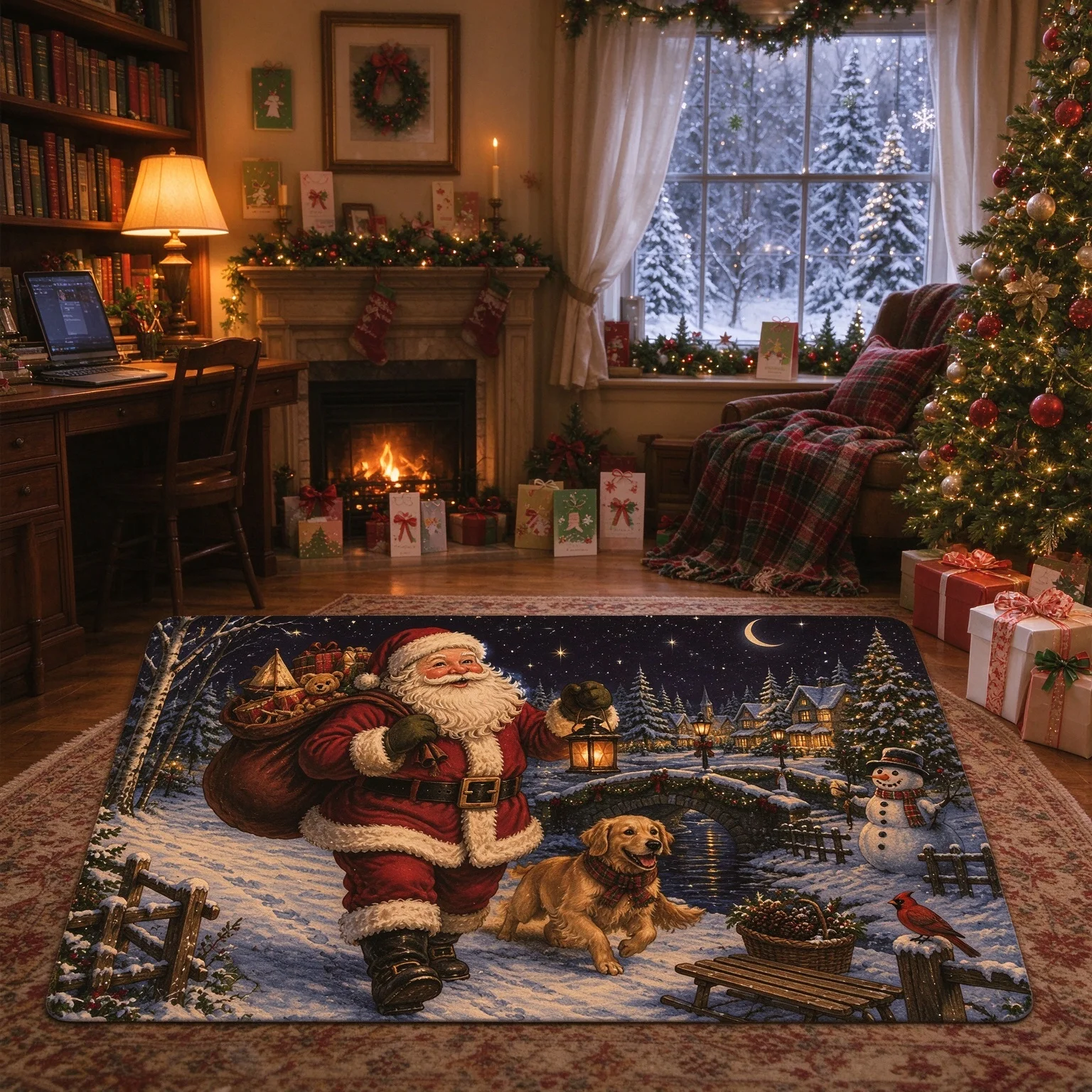 Santa Golden Retriever Christmas Area Rug Festive Snow Scene Print Floor Mat For Kitchen Entry