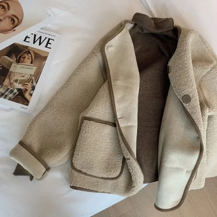 Kaki Color round Neck Lamb Fur Jacket Women Short Loose Winter New Style Korean Version Small Size Lamb Velvet Top