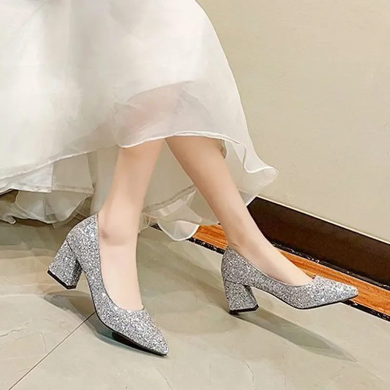 New 2024 Spring Women Pumps Pointed Toe High-heeled Shoes Sequin Women\'s Single Thick Heel Party Wedding Dress Shoes Large Size