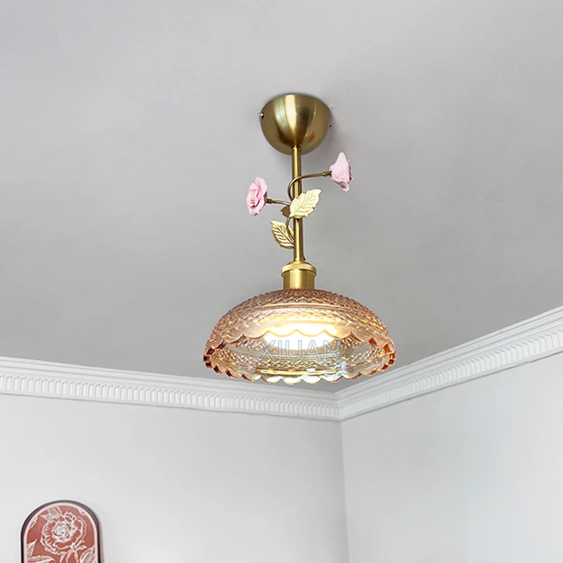 French Glass Entrance Lamp American Flower Glass Ceiling Light for Aisle Balcony Hallway Stair Cloakroom E27 Indoor Lighting