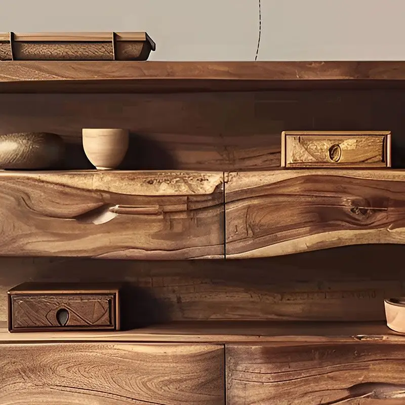 Wabi Sandy Wind Chinese Retro Living Room Home Solid Wood Dining Side Cabinet Integrated Shelf Against the Wall