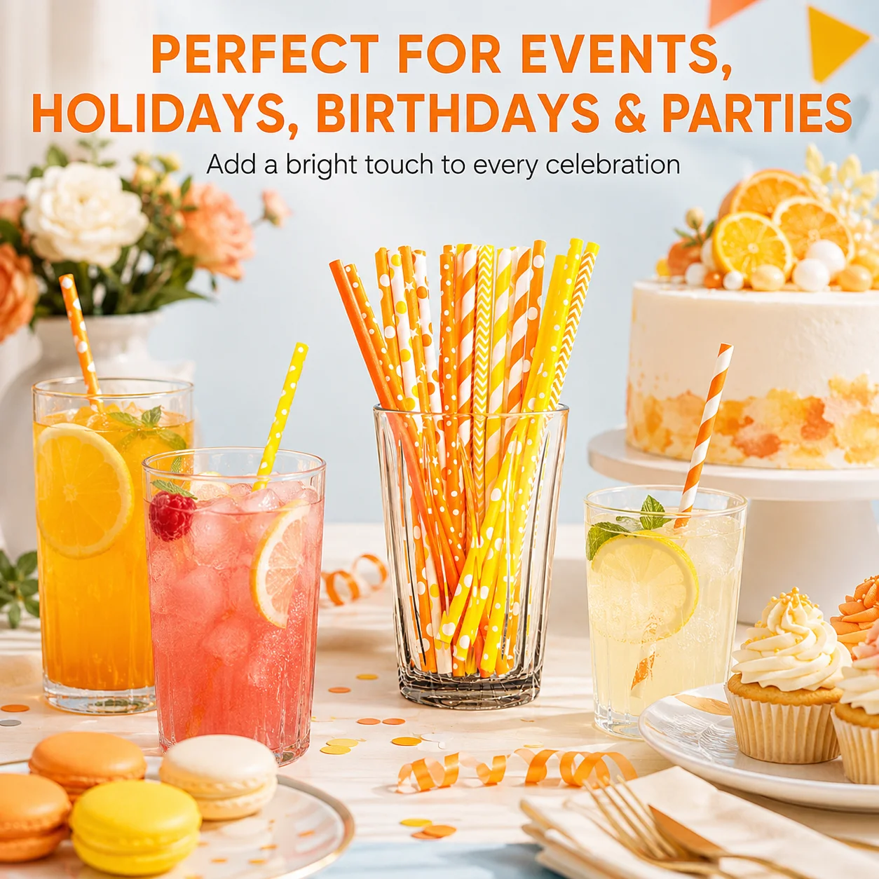 25pcs Orange & Yellow Patterned Paper Straws, Disposable Eco-friendly Drinking Straws for Party