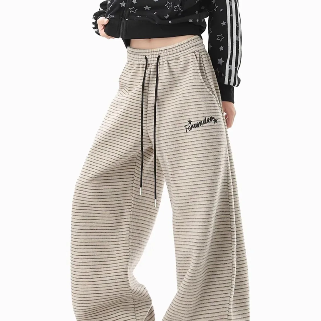 Amerikaanse luie stijl horizontale streep hangende wijde pijpen broek 2026 herfst en winter hoge taille afslankende dames abrikoos recht