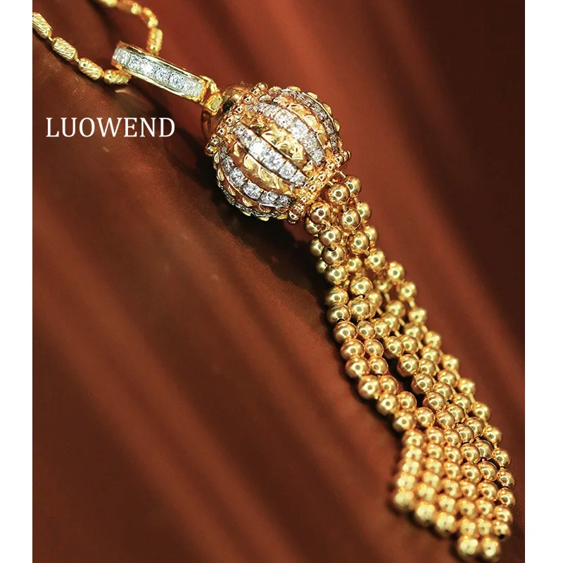 LUOWEND 100% 18K Yellow Gold Pendant Luxury Vintage Style Real Natural Diamond Tassels Shape Pendant for Women Fine Jewelry