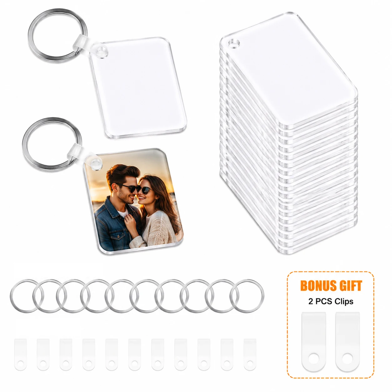 10Pcs Rectangle Sublimation Acrylic Blank Keychain Kit with Keyrings Tabs, Bonus 2 Extra Clips DIY Heat Transfer Craft