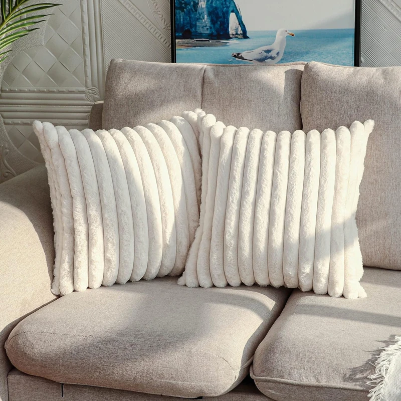 Pillow Cover Faux Rabbit Fur Square Cushion Big Thick Striped Super Soft Solid Color  45x45cm Sofa Decor Cushion Cover