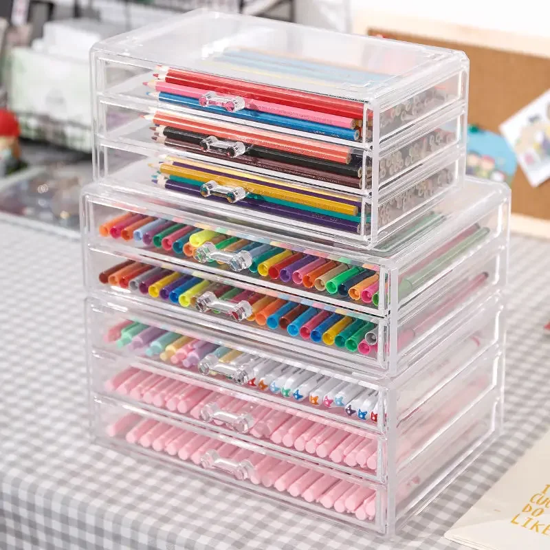 New Acrylic Transparent Stationery Storage Boxes Make Up Organizer for Cosmetics Brush Organizer Home Storage Drawers Type Desk