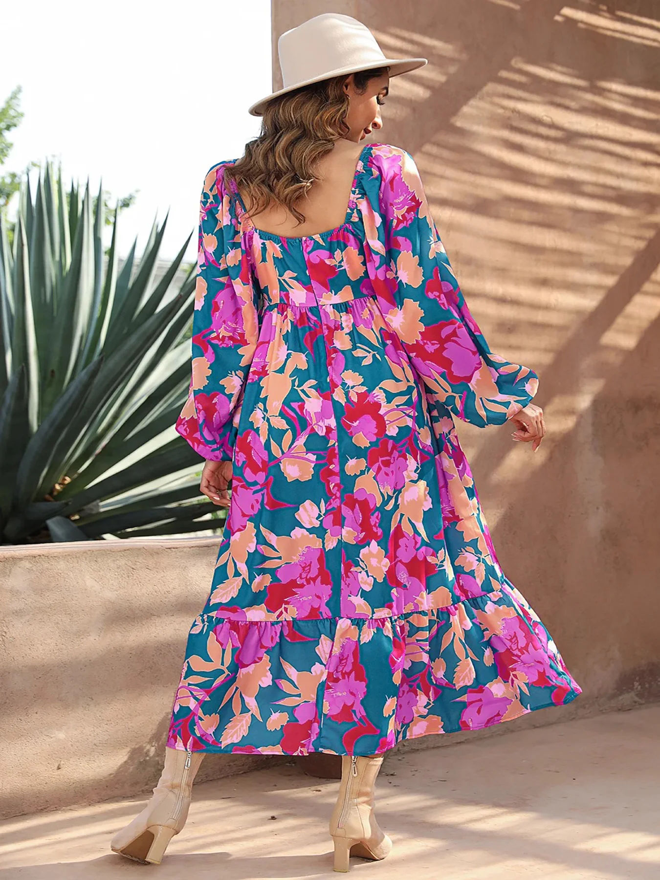 2024 New Bohemian Maxi Dress Floral Square Neck High Waist Maxi Dress Random Prints