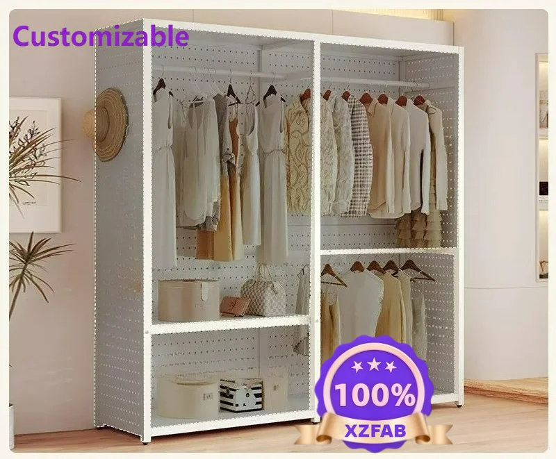 Factory Direct 2026 Hole board wardrobe household small apartment metal hanger open dust curtain cloakroom shelf floor cabinet