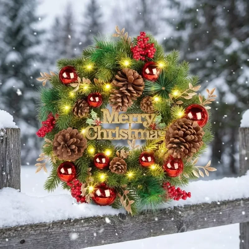 AYOYO Eco-Friendly Plastic Christmas Garland Decoration with Gold Lights-Indoor Door & Window Hanging Decor Christmas Wreath
