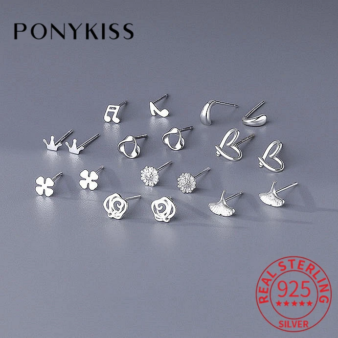 

PONYKISS Real 925 Sterling Silver Heart Crown Flower Leaves Stud Earrings For Women Classic Minimalist Geometric Fine Jewelry